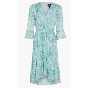 Adrianna Papell Womens 14 Blue Iris Print 3/4 Sleeve Chiffon Dress Lined